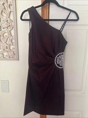 Vintage  Cach’e dark maroon One-Shoulder Cocktail Dress with Rhinestone Accent